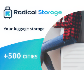 Advertisement for Radical Storage featuring the slogan 'Your luggage storage' and mentioning availability in over 500 cities. A person in a red plaid shirt and jeans is sitting on a large suitcase. The Radical Storage logo with a suitcase icon appears at the top.