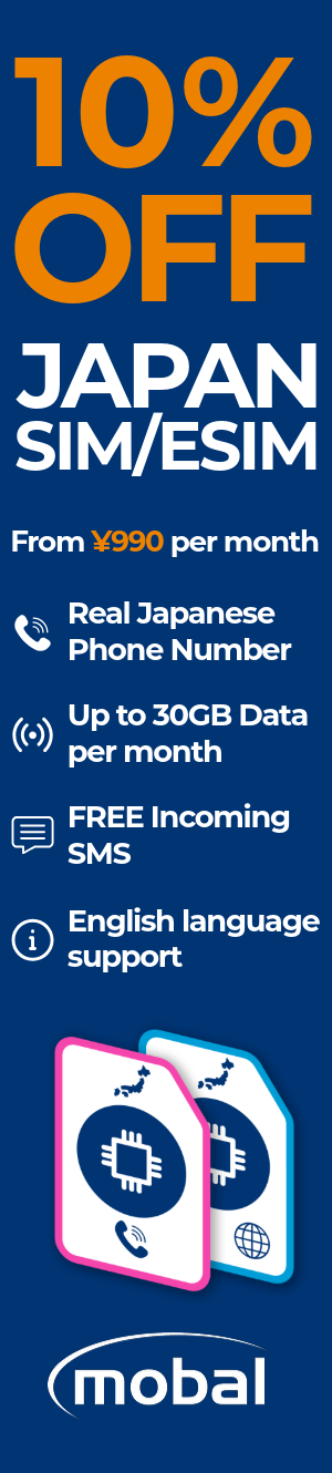 Ad for Mobal Japan SIM/eSIM: 10% off, from ¥990/month, with phone number, 30GB data, SMS, and English support.