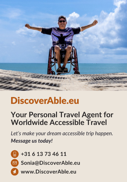 DiscoverAble.eu ad showing a smiling person in a wheelchair on a beach boardwalk, promoting accessible travel services.